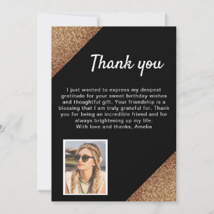 Elegant Black Gold Glitter Photo Birthday Thank You Card