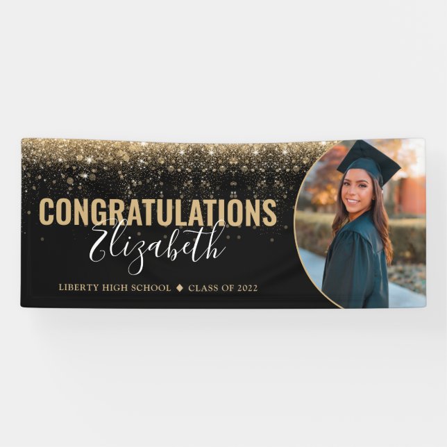 Elegant Black Gold Glitter Photo Graduation Banner (Horizontal)