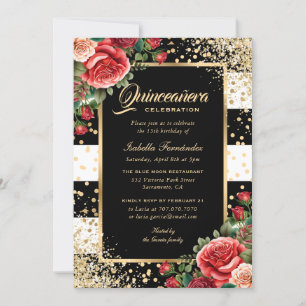 Elegant Black Gold Glitter Red Floral Quinceañera Invitation
