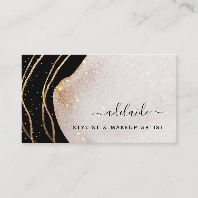 Elegant Black Gold Glitter Signature Script Agate  Business Card (Front)
