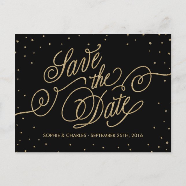 Elegant Black & Gold Glitter Stars Save the Date Announcement Postcard (Front)