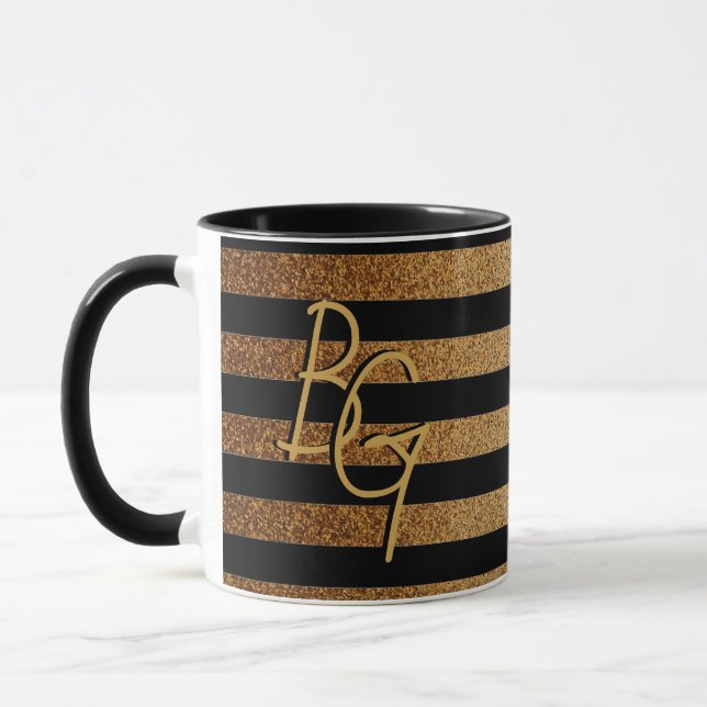 Elegant Black Gold Glitter Stripe Monogram Custom Mug (Left)