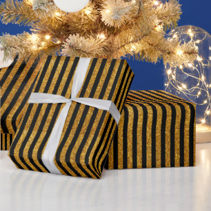 Elegant black gold glitter stripe pattern festive wrapping paper