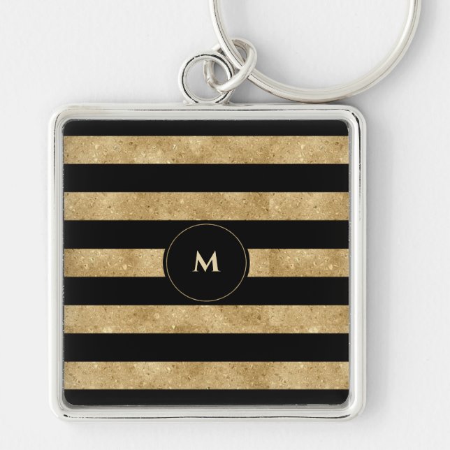 Elegant Black Gold Glitter Striped Monogram  Key Ring (Front)