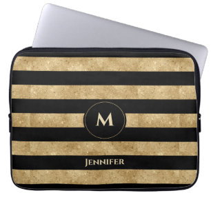 Elegant Black Gold Glitter Striped Monogram  Laptop Sleeve