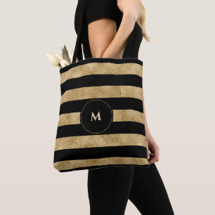 Elegant Black Gold Glitter Striped Monogram Tote Bag