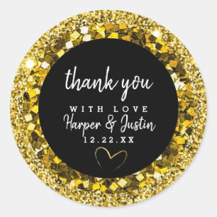 Elegant BLACK Gold Glitter Thank You Classic Round Sticker