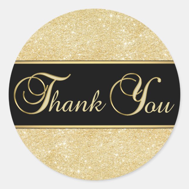 Elegant Black Gold Glitter Thank You Classic Round Sticker (Front)
