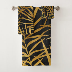 Elegant Black Gold Glitter Tropical Palm Leaf  Bath Towel Set