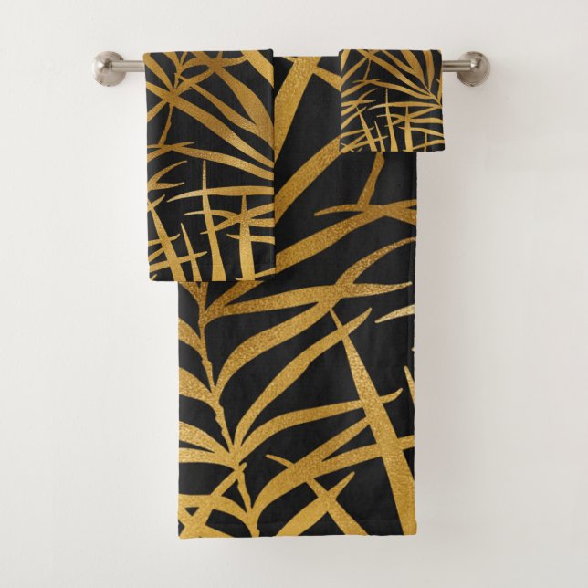 Elegant Black Gold Glitter Tropical Palm Leaf  Bath Towel Set (Insitu)