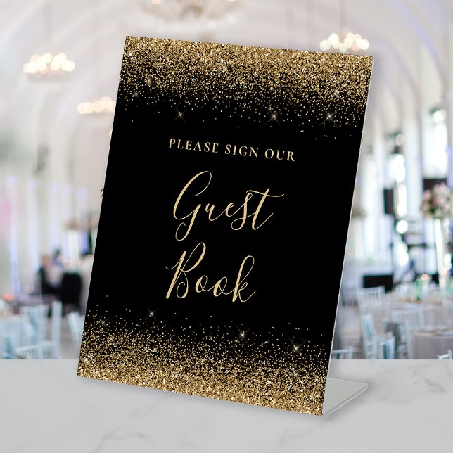 Elegant Black Gold Glitter Wedding Guest Book Pedestal Sign (Creator Uploaded)