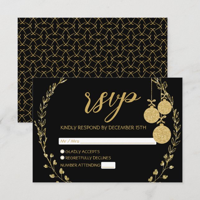 Elegant Black Gold Glitter Wreath Christmas Party RSVP Card (Front/Back)