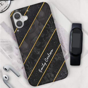 Elegant black gold glittery geometric iPhone 16 case