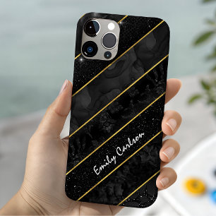Elegant black gold glittery geometric iPhone 15 case