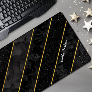 Elegant black gold glittery geometric desk mat