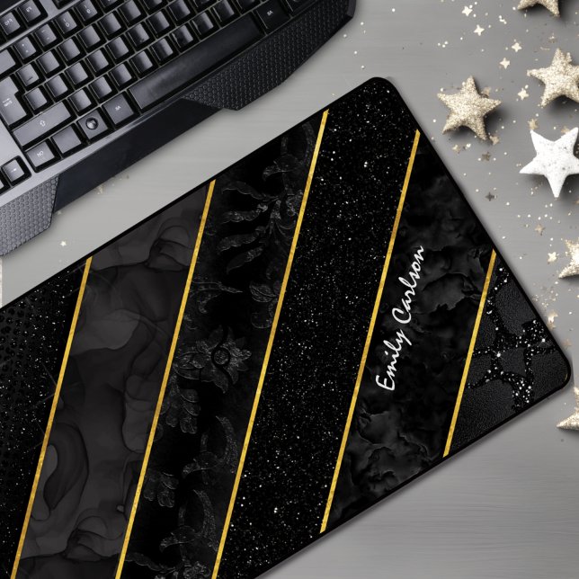 Elegant black gold glittery geometric desk mat (Creator Uploaded)