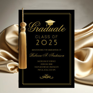 Elegant Black Gold Grad Cap College Graduation Announcement