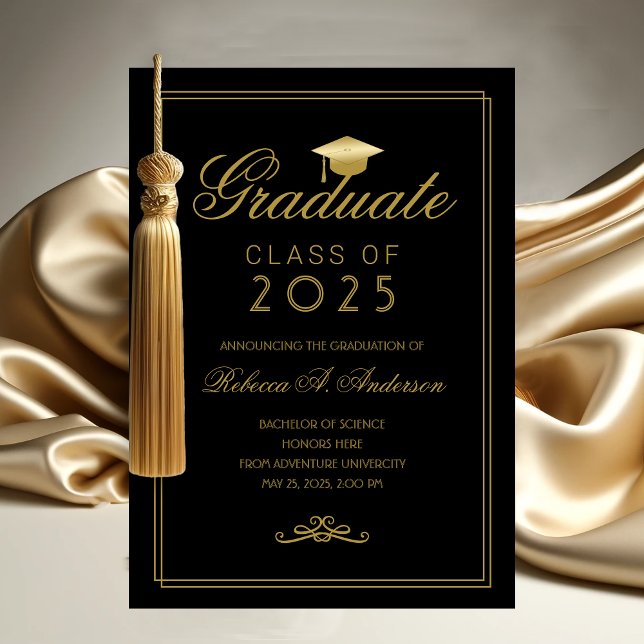 Elegant Black Gold Grad Cap College Graduation Announcement (Black and Gold College Graduation Announcement)