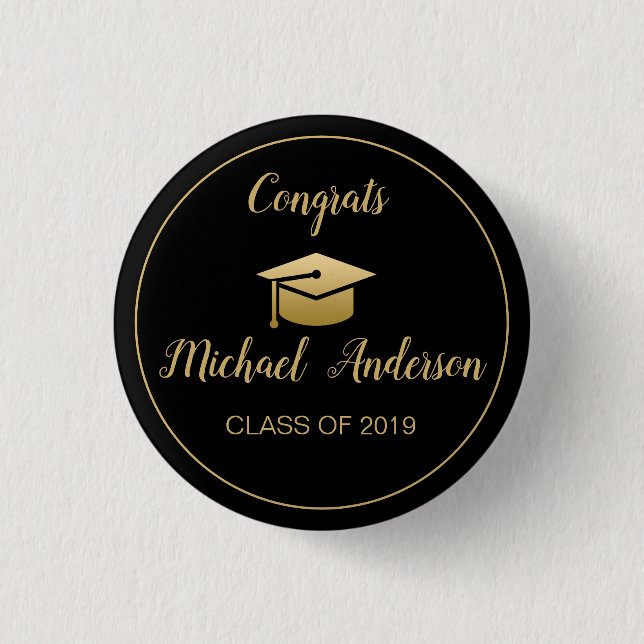 Elegant Black | Gold Graduate Cap Graduation Class 3 Cm Round Badge (Front)