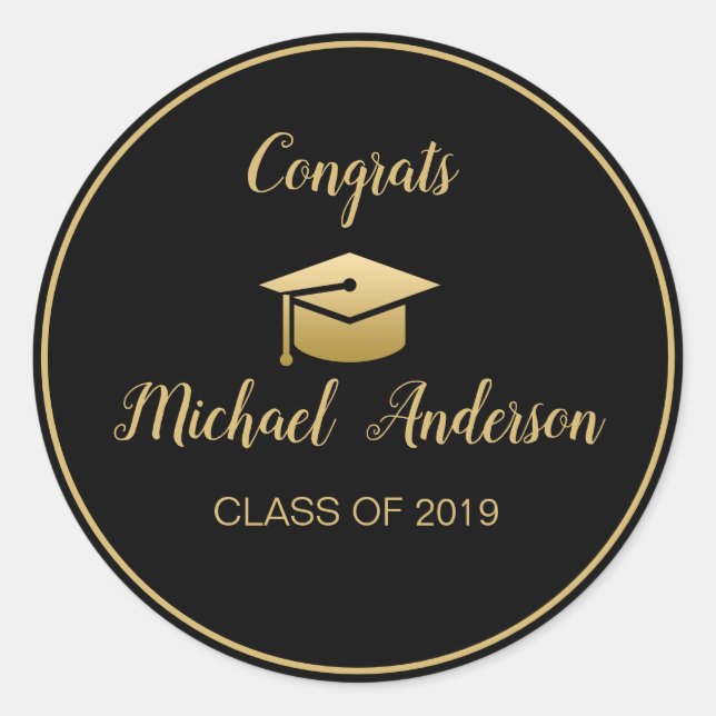 Elegant Black | Gold Graduate Cap Graduation Class Classic Round Sticker (Front)