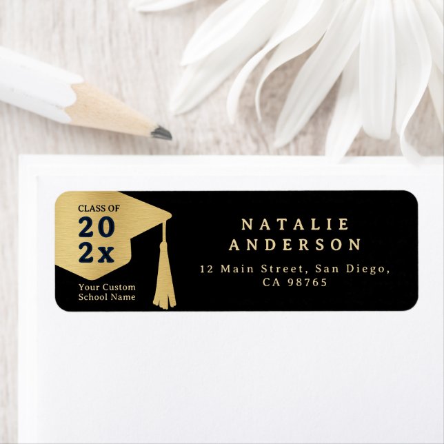 Elegant Black & Gold Graduate Hat Return Address Label (Insitu)