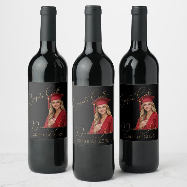 Elegant Black & Gold Graduation Wine Label (Bottles)
