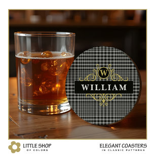 Elegant Black Gold Gray Plaid Monogram Name Round Paper Coaster
