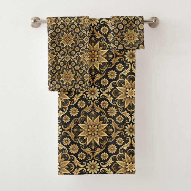 Elegant black gold gray tiled pattern  bath towel set (Insitu)