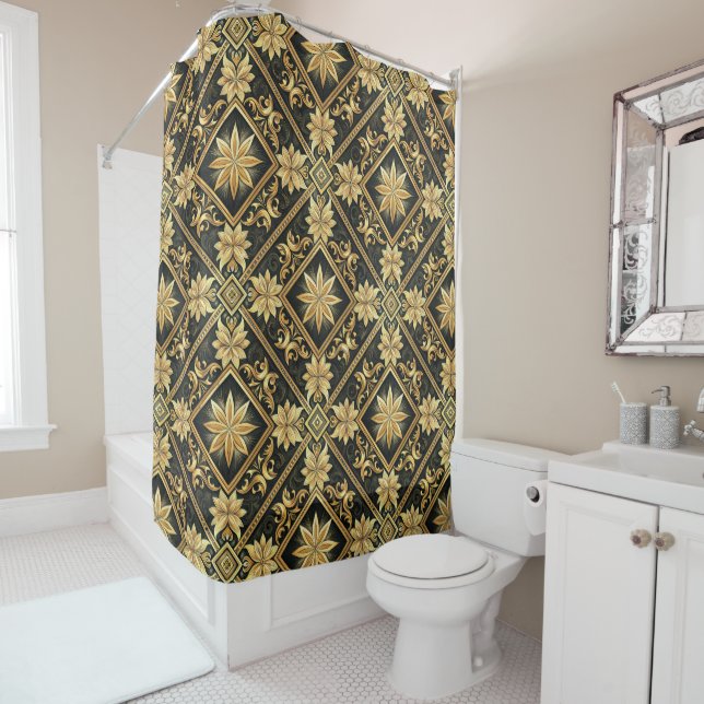 Elegant black gold gray tiled pattern  shower curtain (In Situ)