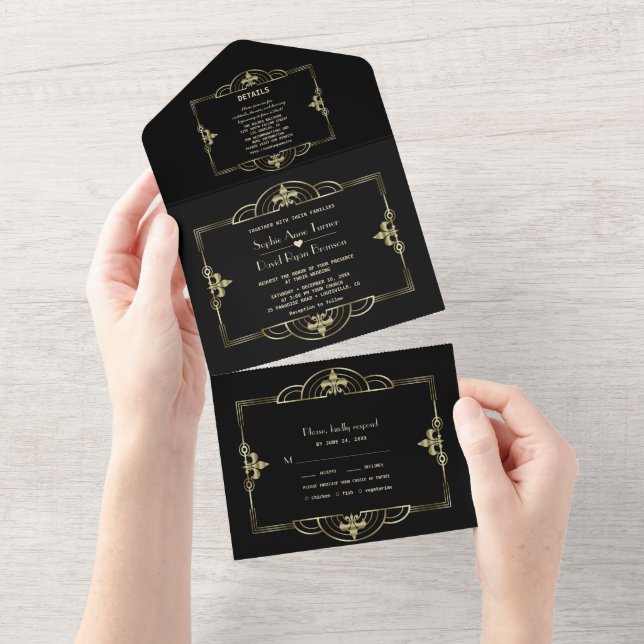 Elegant Black Gold Great Gatsby Art Deco Wedding   All In One Invitation (Tearaway)