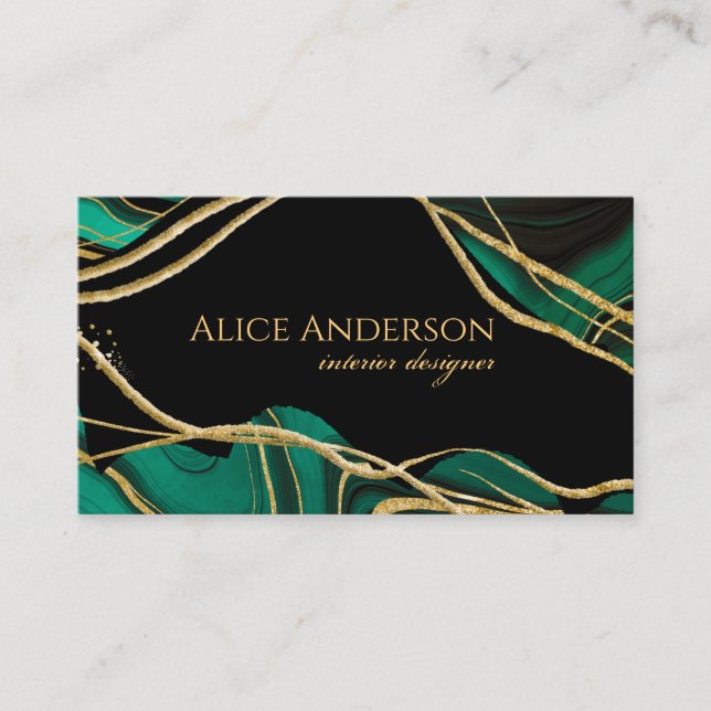 Elegant black gold green agate  business card (Front)