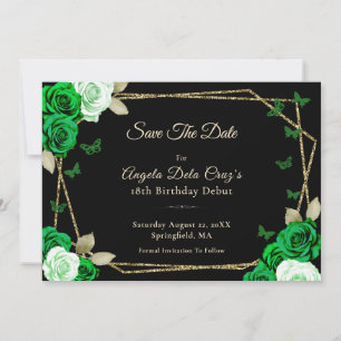 Elegant Black Gold Green Roses 18th Birthday Debut Save The Date