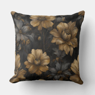 Elegant Black Gold Grey Floral Cushion