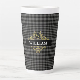 Elegant Black Gold Grey Plaid Monogram Latte Mug