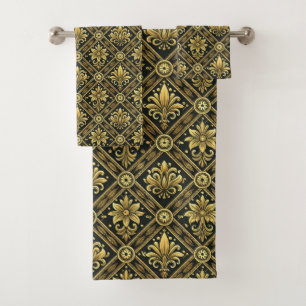 Elegant black gold grey tiled pattern bath towel set