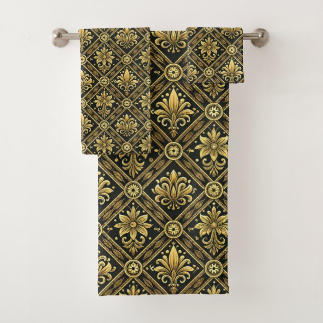 Elegant black gold grey tiled pattern  bath towel set (Insitu)