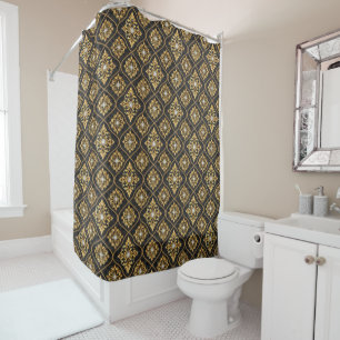 Elegant black gold grey tiled pattern shower curtain