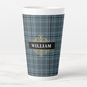 Elegant Black Gold Grey Windowpane Check Monogram Latte Mug