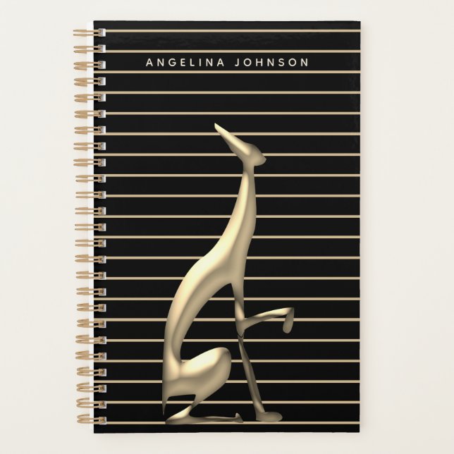 Elegant Black & Gold Greyhound Stripe Pattern Name Planner (Front)