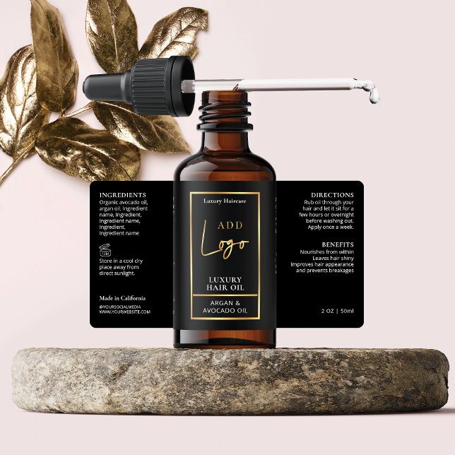 Elegant Black & Gold Hair Oil Dropper Bottle Label (Elevate your cosmetic bottles with this elegant black & gold dropper bottle wrap around label)