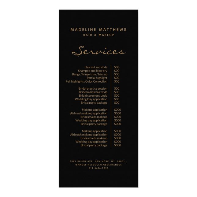 Elegant Black Gold Hair Stylist Service Price List Rack Card (Front)