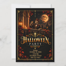 Elegant Black Gold Halloween Party Invitation