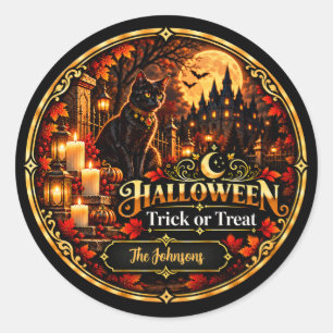 Elegant Black Gold Halloween Trick or Treat Gift Classic Round Sticker