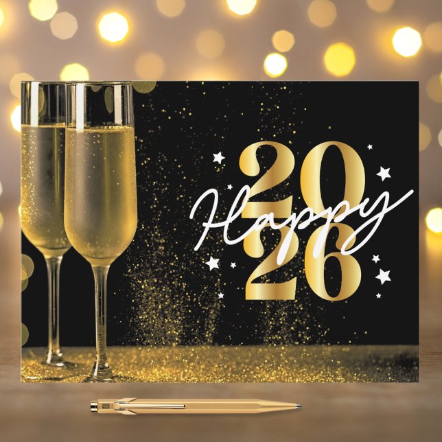 Elegant Black Gold Happy 2026 Champagne New Year Holiday Postcard (Creator Uploaded)