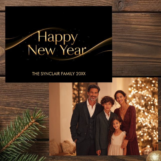 Elegant Black Gold Happy New Year Family Photo Hol Holiday Card (Creator Uploaded)