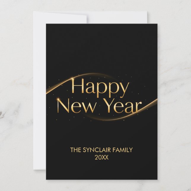 Elegant Black Gold Happy New Year Family Photo Hol Holiday Card (Front)