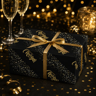 Elegant Black Gold Happy New Year Wrapping Paper