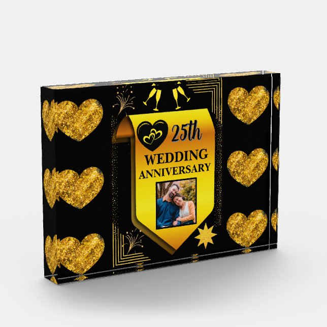 Elegant Black Gold Heart 25th Wedding Anniversary  Photo Block (Left)