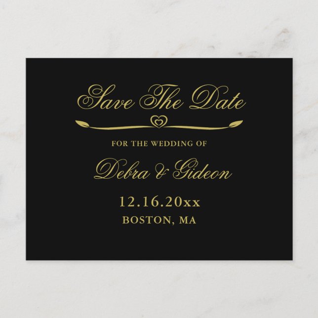 Elegant Black Gold Heart Wedding Save the Date Announcement Postcard (Front)
