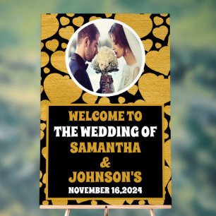 Elegant Black Gold Hearts Photo Wedding Welcome Acrylic Sign